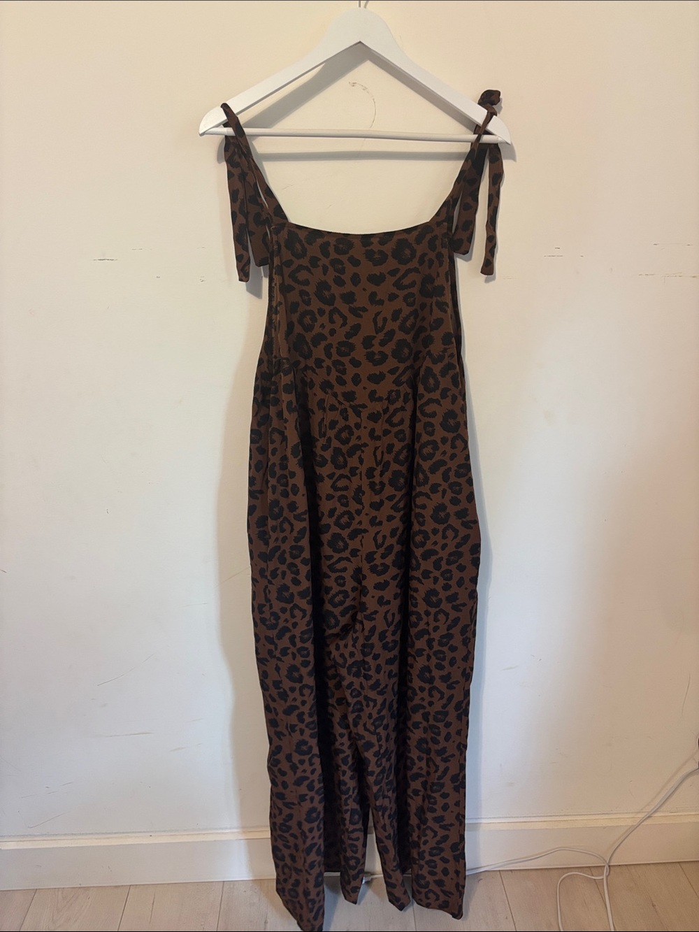 Chocolate Brown Leopard Print Tie-Strap Wide Leg Jumpsuit.